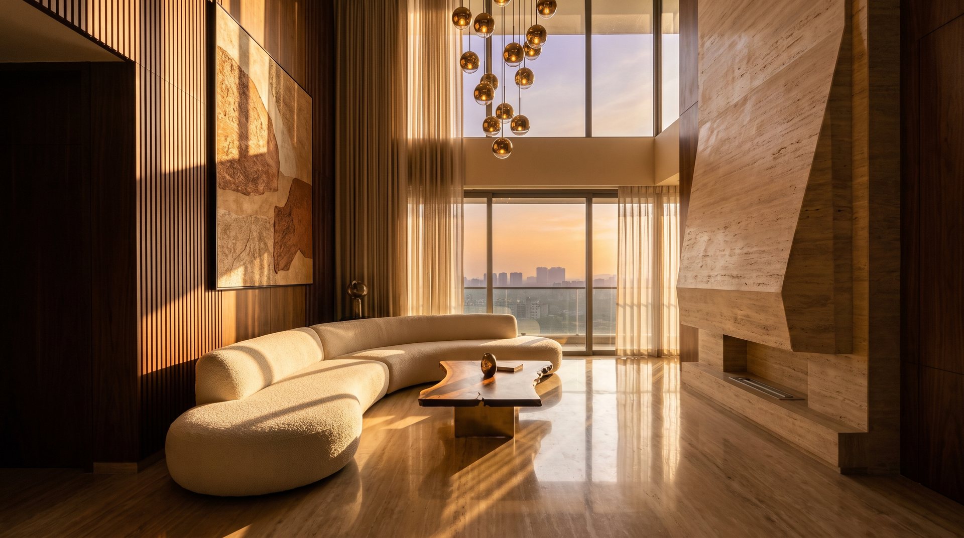 Double-height living room design concept — curved bouclé sofa, travertine fireplace wall, walnut panelling