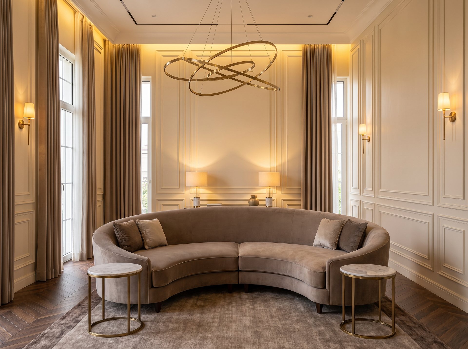 Living room design concept — curved velvet sofa, panelled walls, brass ring chandelier